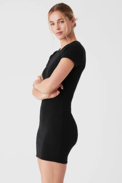 Goddess Ribbed Short Sleeve Dress - Black 9 Goddess Ribbed Short Sleeve Dress - Black -Style Avenue W8201R 01 b1 s1 a3 1 m89