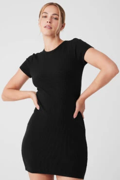 Goddess Ribbed Short Sleeve Dress - Black 11 Goddess Ribbed Short Sleeve Dress - Black -Style Avenue W8201R 01 b1 s1 a5 1 m89