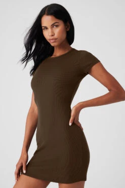 Goddess Ribbed Short Sleeve Dress - Espresso -Style Avenue W8201R 04640 b1 s1 a4 1 m18